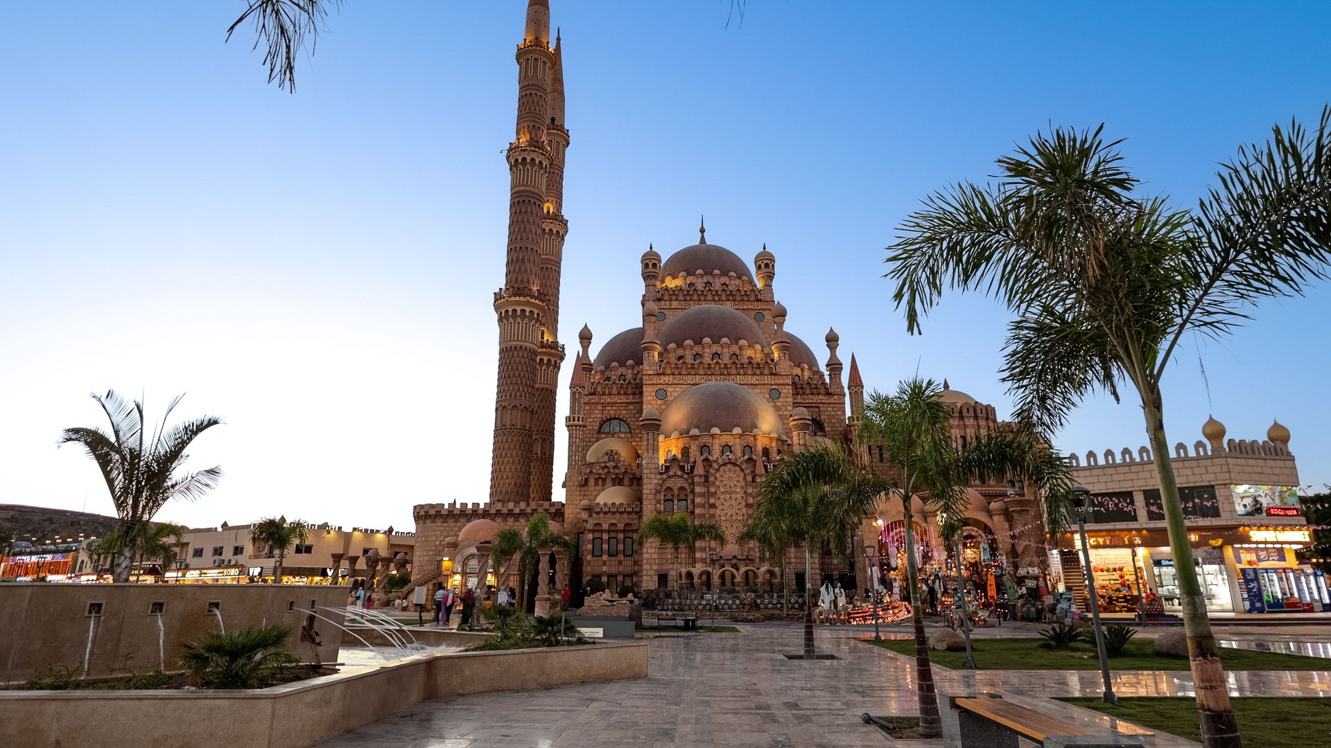 View of Al Sahaba Mosque in Sharm El Sheikh, Egypt, Islamic Religion and architecture, Landmark of Egypt, Al Sahaba Mosque (Al Mustafa Mosque) in Sharm El Sheikh Egypt at sunset